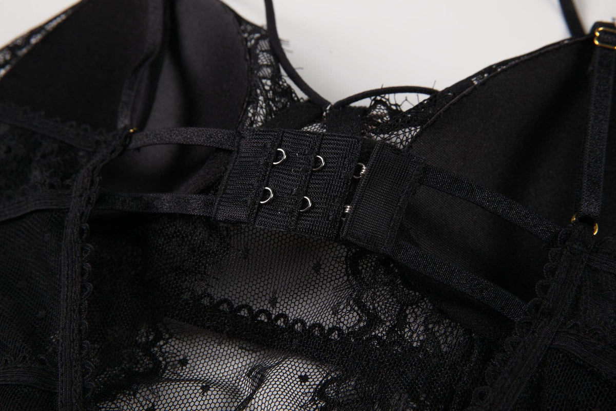 Lingerie Bodysuit – Sexy Lace and Sheer Mesh Bodysuit with Garter Straps for a Romantic Look.
