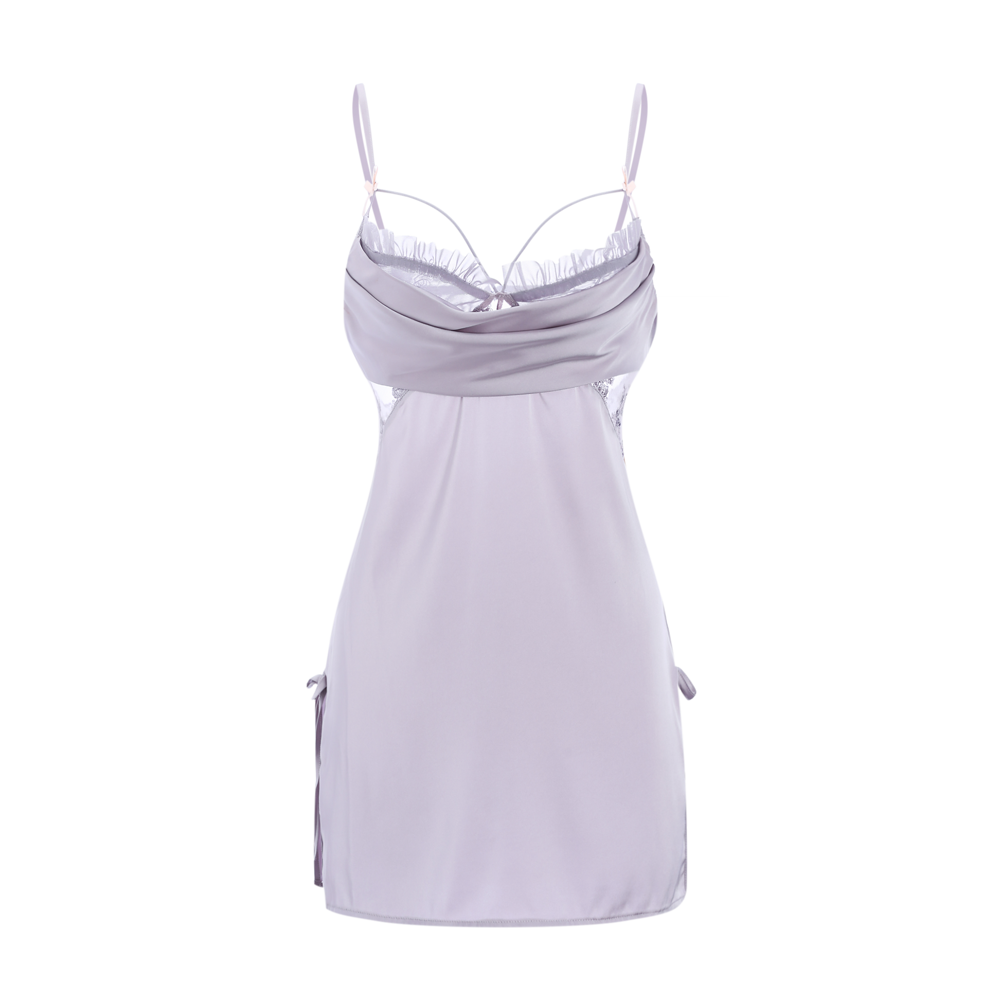 Front view of a light purple silk nightgown with delicate lace trim and ribbon straps, showcasing the elegant design and luxurious fabric.