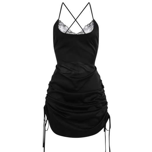 Front view of a black silk nightgown with intricate lace detailing and criss-cross straps, showcasing the elegant design and luxurious fabric.