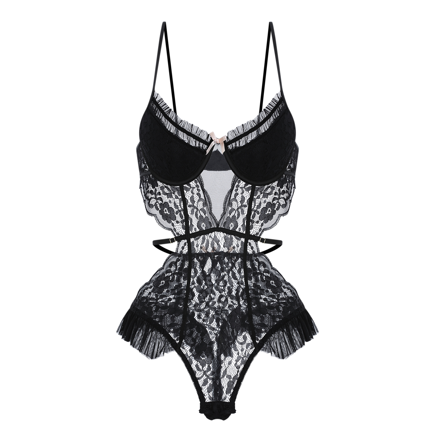 Seductive Lace Cut-Out Bodysuit for Women – Black Ruffled Lingerie