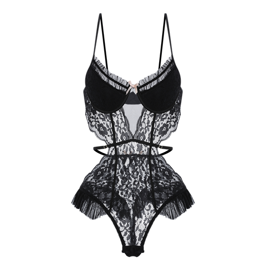 Seductive Lace Cut-Out Bodysuit for Women – Black Ruffled Lingerie