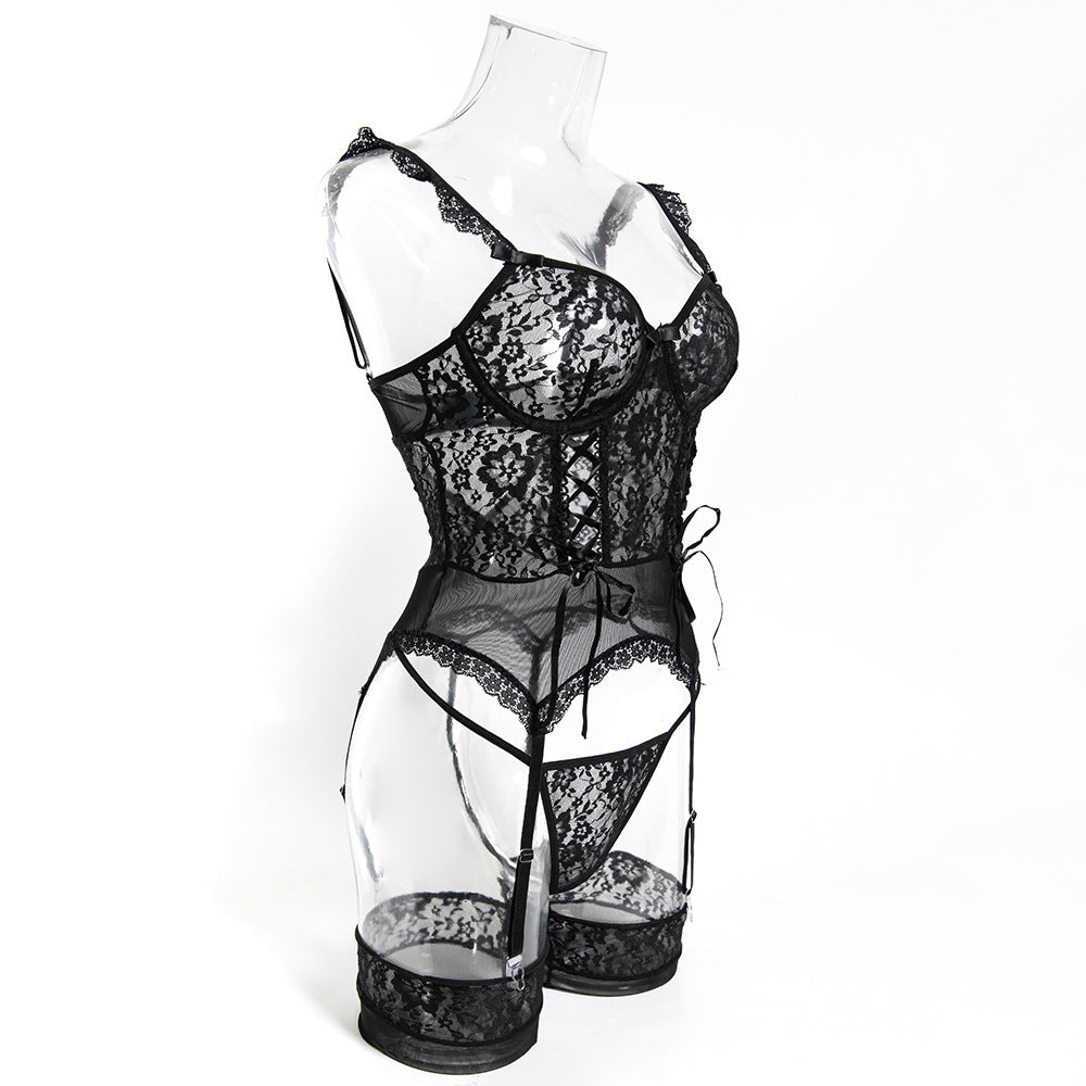 Lace accents on black bra and panty set