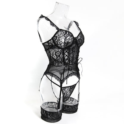 Lace accents on black bra and panty set