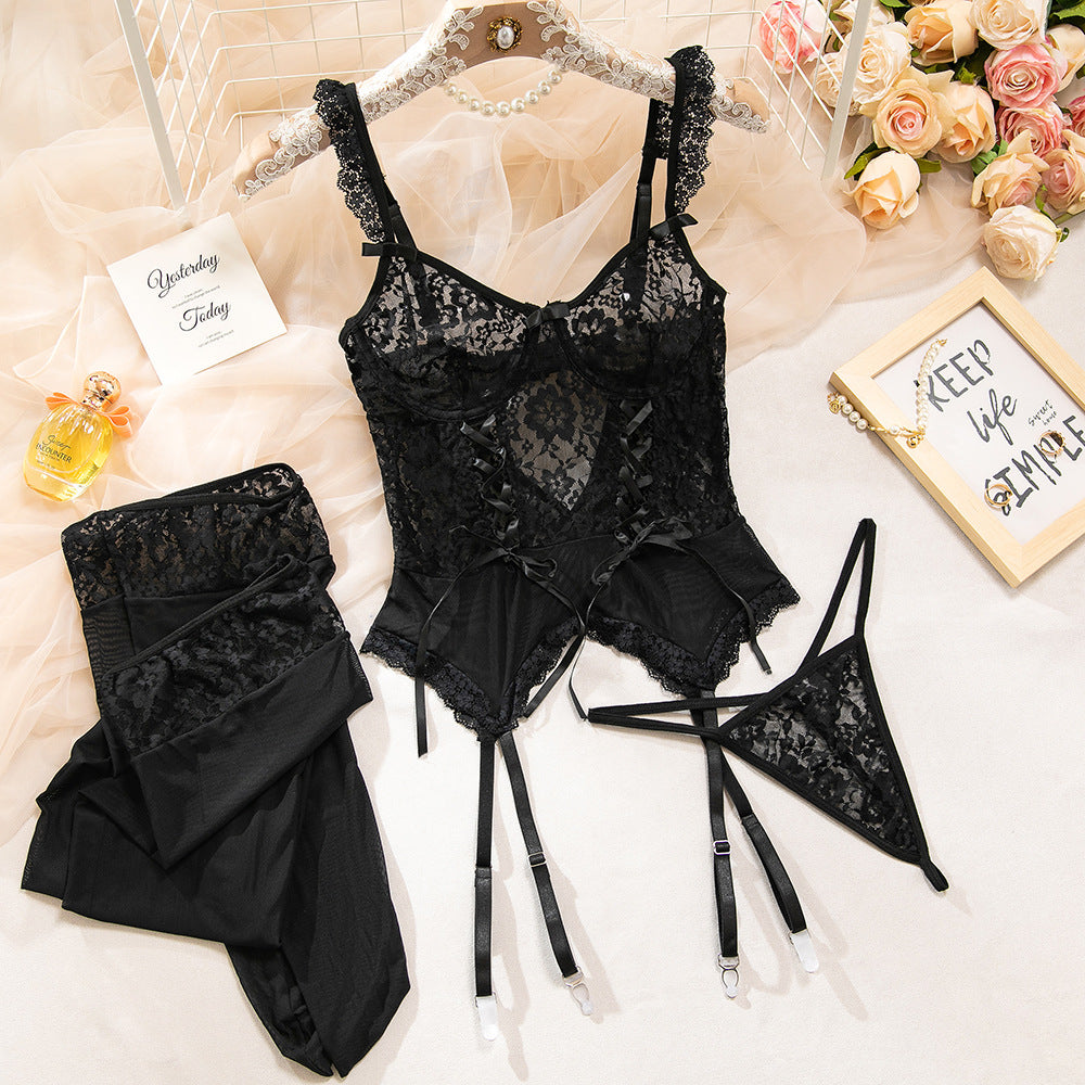 Black bra and panty set with lace design