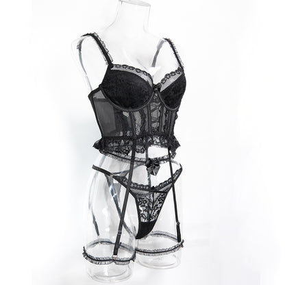 Cutout accents on black three-piece lingerie set