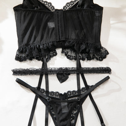 Lace design on three-piece lingerie set