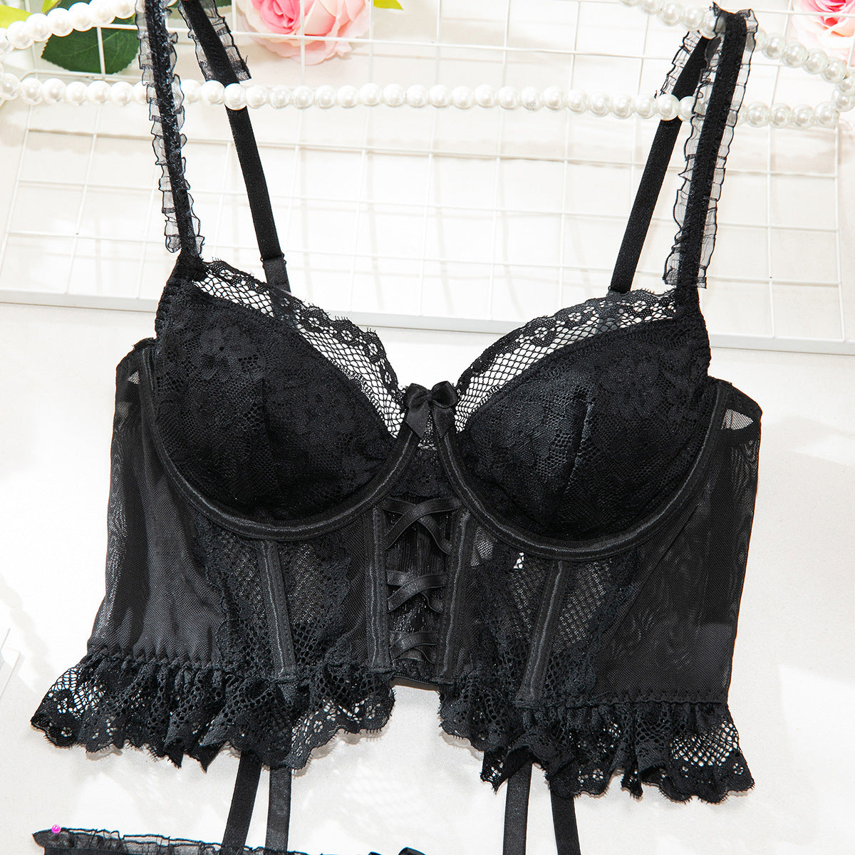 Black cutout detailed three-piece lingerie set