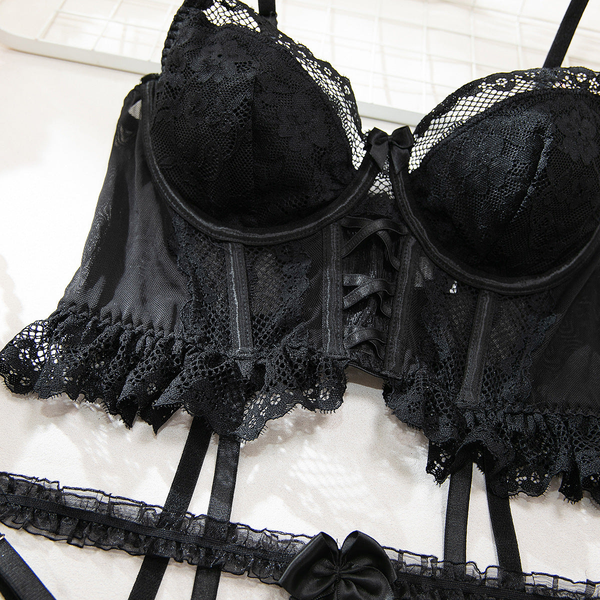 Three-piece lingerie set with lace details
