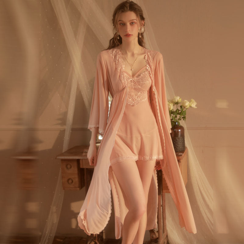 Lace Sheer Mesh Nightwear Set | Elegant Robe, Sling Dress & Thong – Soft Pink & Pure White