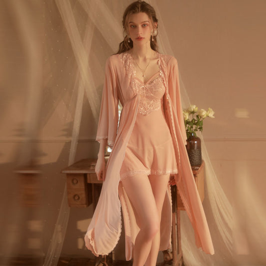 Lace Sheer Mesh Nightwear Set | Elegant Robe, Sling Dress & Thong – Soft Pink & Pure White