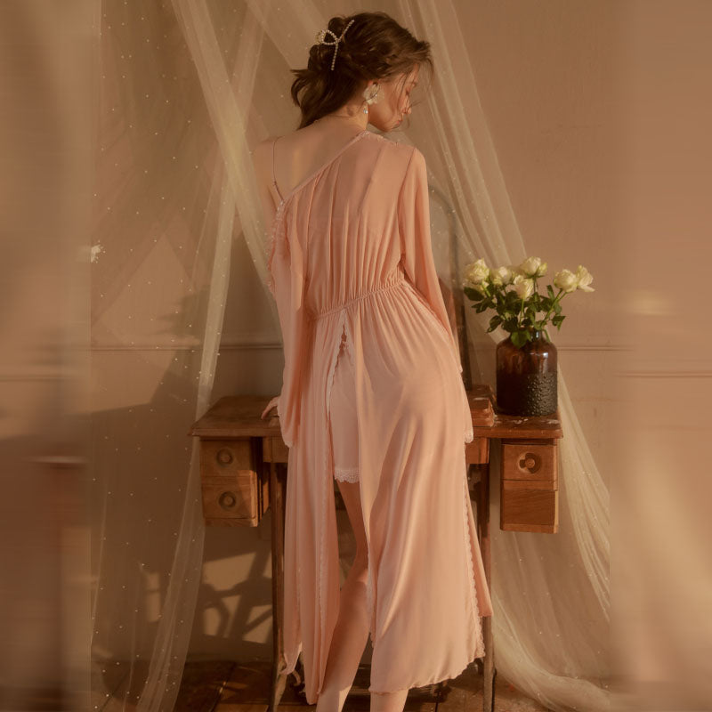 Lace Sheer Mesh Nightwear Set | Elegant Robe, Sling Dress & Thong – Soft Pink & Pure White