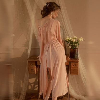 Lace Sheer Mesh Nightwear Set | Elegant Robe, Sling Dress & Thong – Soft Pink & Pure White