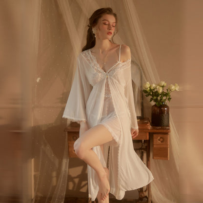 Lace Sheer Mesh Nightwear Set | Elegant Robe, Sling Dress & Thong – Soft Pink & Pure White