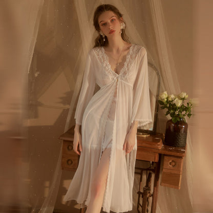 Lace Sheer Mesh Nightwear Set | Elegant Robe, Sling Dress & Thong – Soft Pink & Pure White
