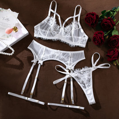 Cutout accents on three-piece lingerie set