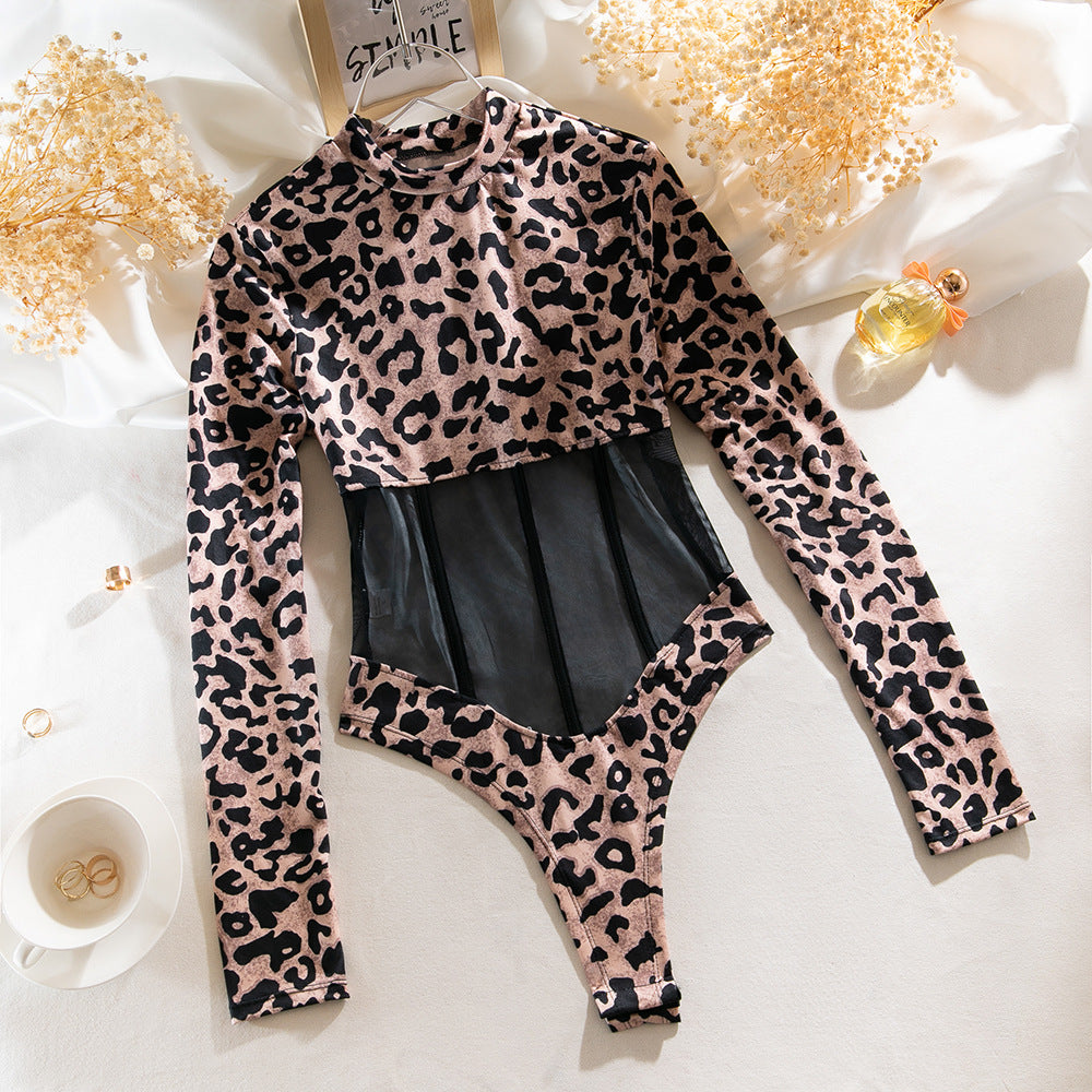 Leopard Mesh Corset Bodysuit with Boning and Long Sleeves
