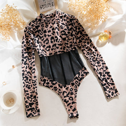 Leopard Mesh Corset Bodysuit with Boning and Long Sleeves