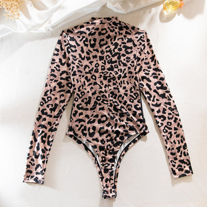 Leopard Mesh Corset Bodysuit with Boning and Long Sleeves