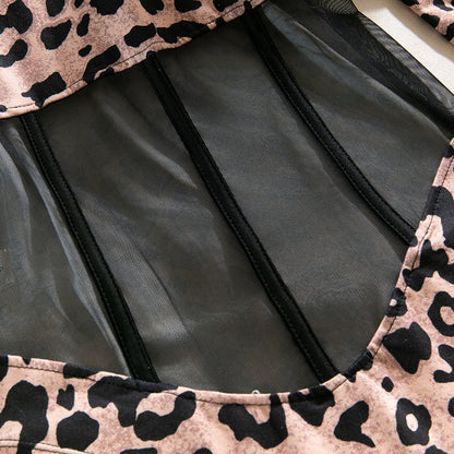 Leopard Mesh Corset Bodysuit with Boning and Long Sleeves