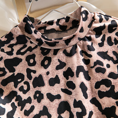 Leopard Mesh Corset Bodysuit with Boning and Long Sleeves