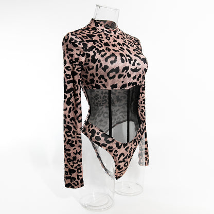 Leopard Mesh Corset Bodysuit with Boning and Long Sleeves