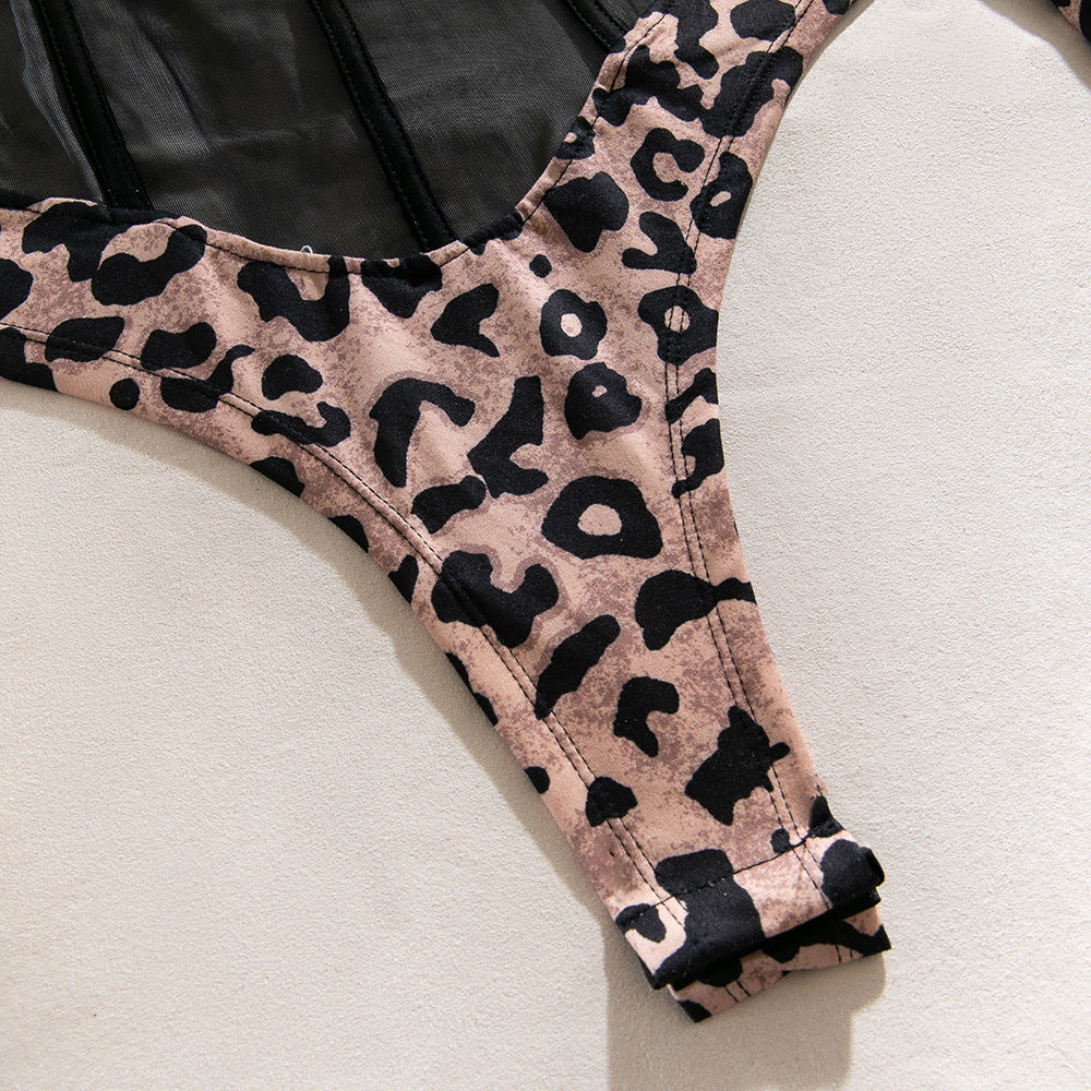 Leopard Mesh Corset Bodysuit with Boning and Long Sleeves