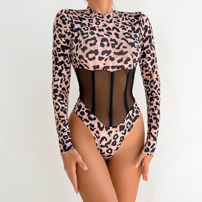 Leopard Mesh Corset Bodysuit with Boning and Long Sleeves