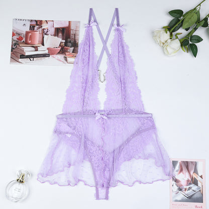 Purple lace babydoll lingerie design details
