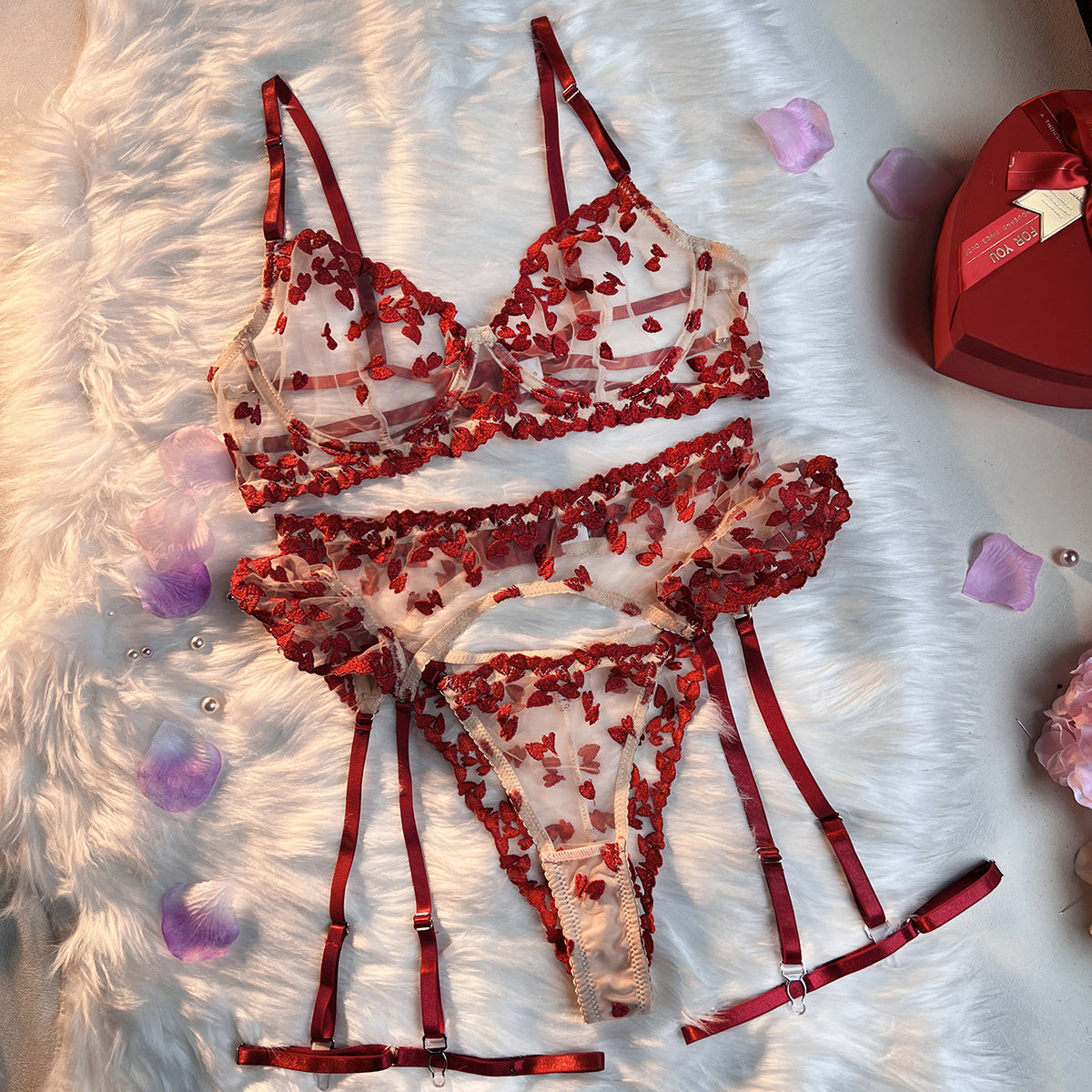 Red lingerie set featuring lace