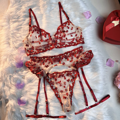 Red lingerie set featuring lace