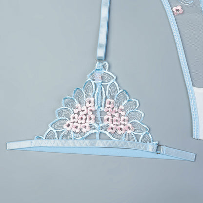 Blue lingerie set with embroidered design