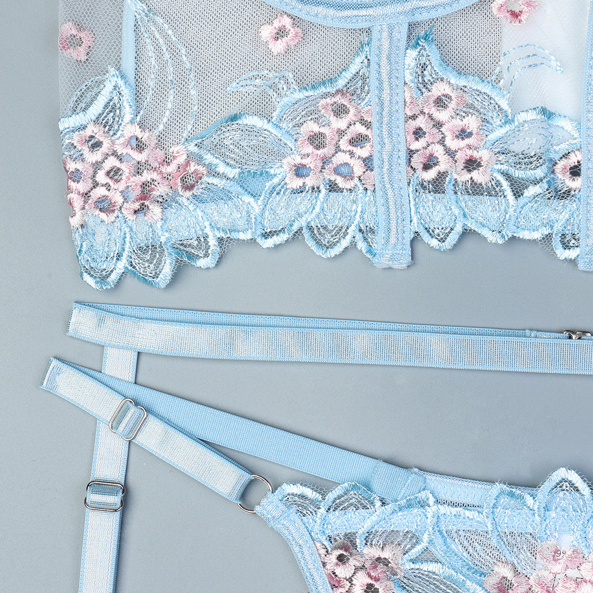 Blue lingerie set featuring lace
