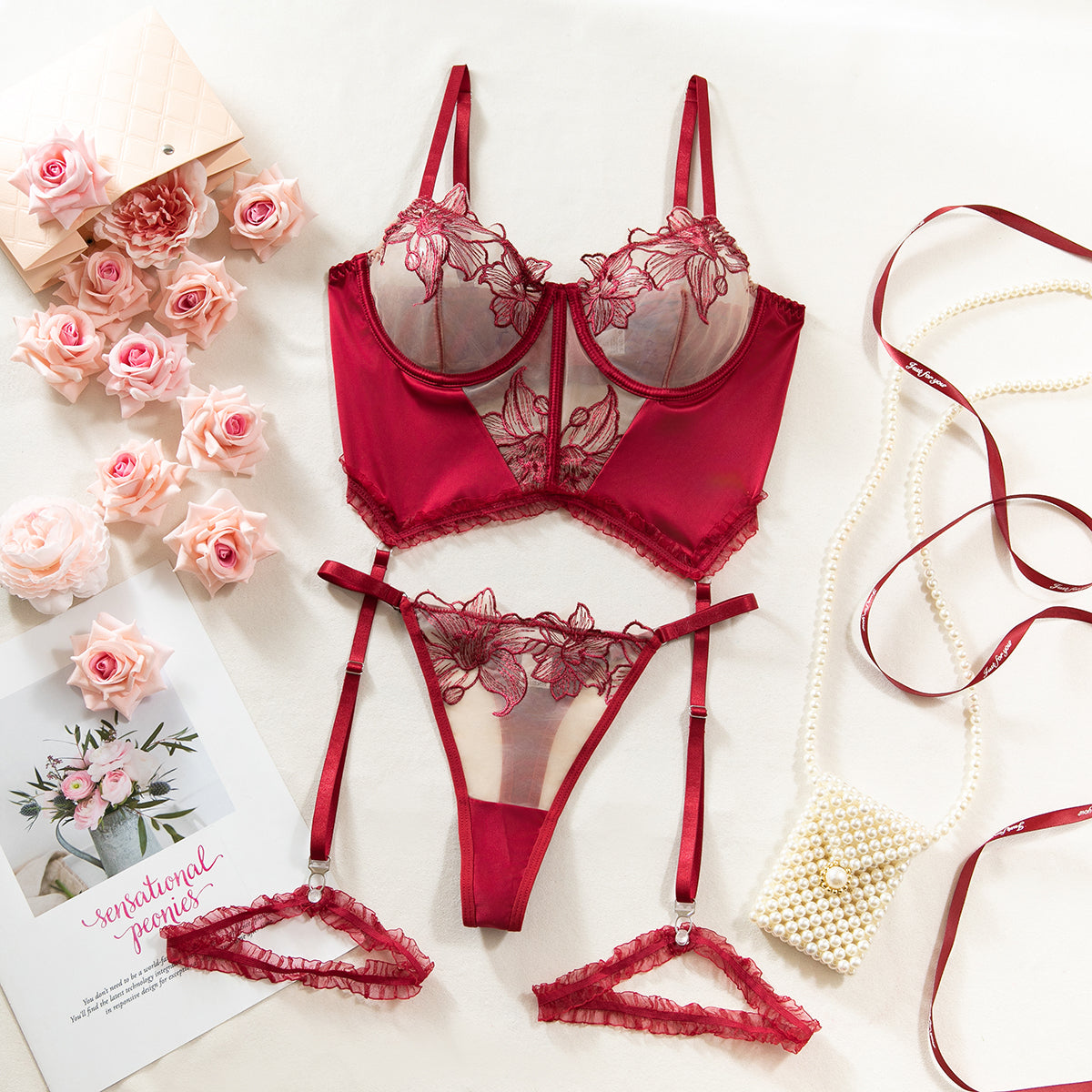 Floral accents on bra and panty set