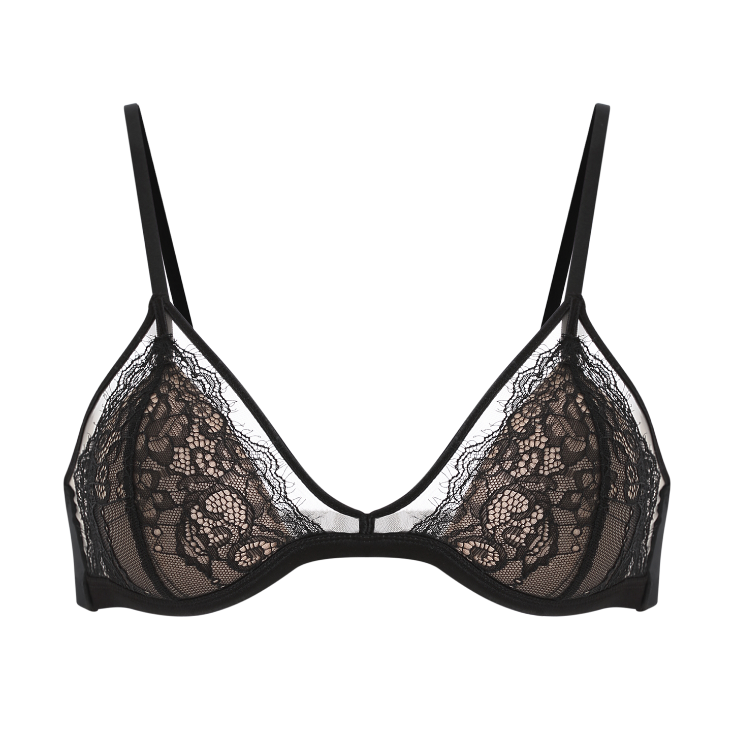 Elegant black lace bralette with a sheer floral design, featuring adjustable straps and a soft, comfortable fit, made from 100% polyester cup lining and 86% nylon, 14% spandex side wing lining.