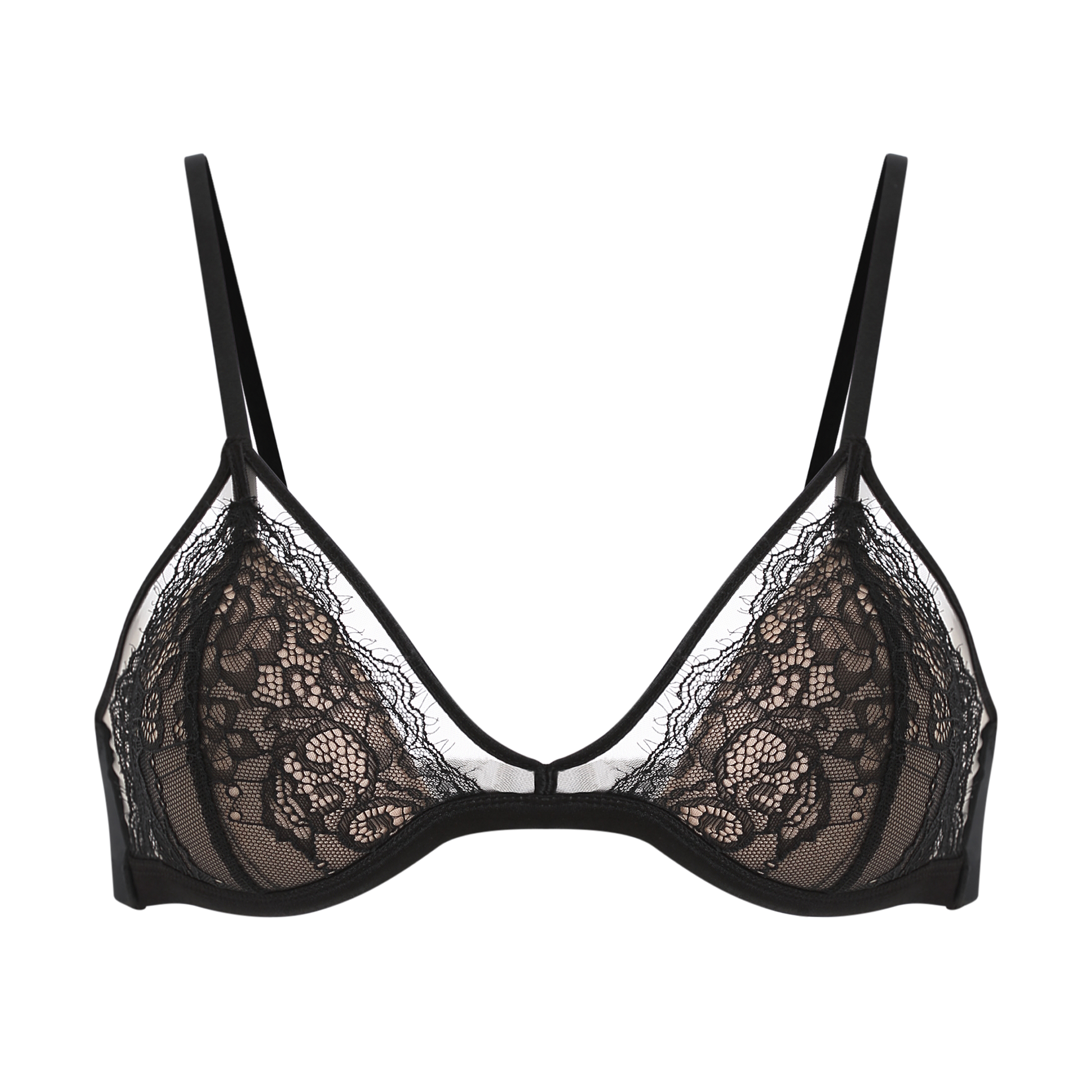 Elegant black lace bralette with a sheer floral design, featuring adjustable straps and a soft, comfortable fit, made from 100% polyester cup lining and 86% nylon, 14% spandex side wing lining.