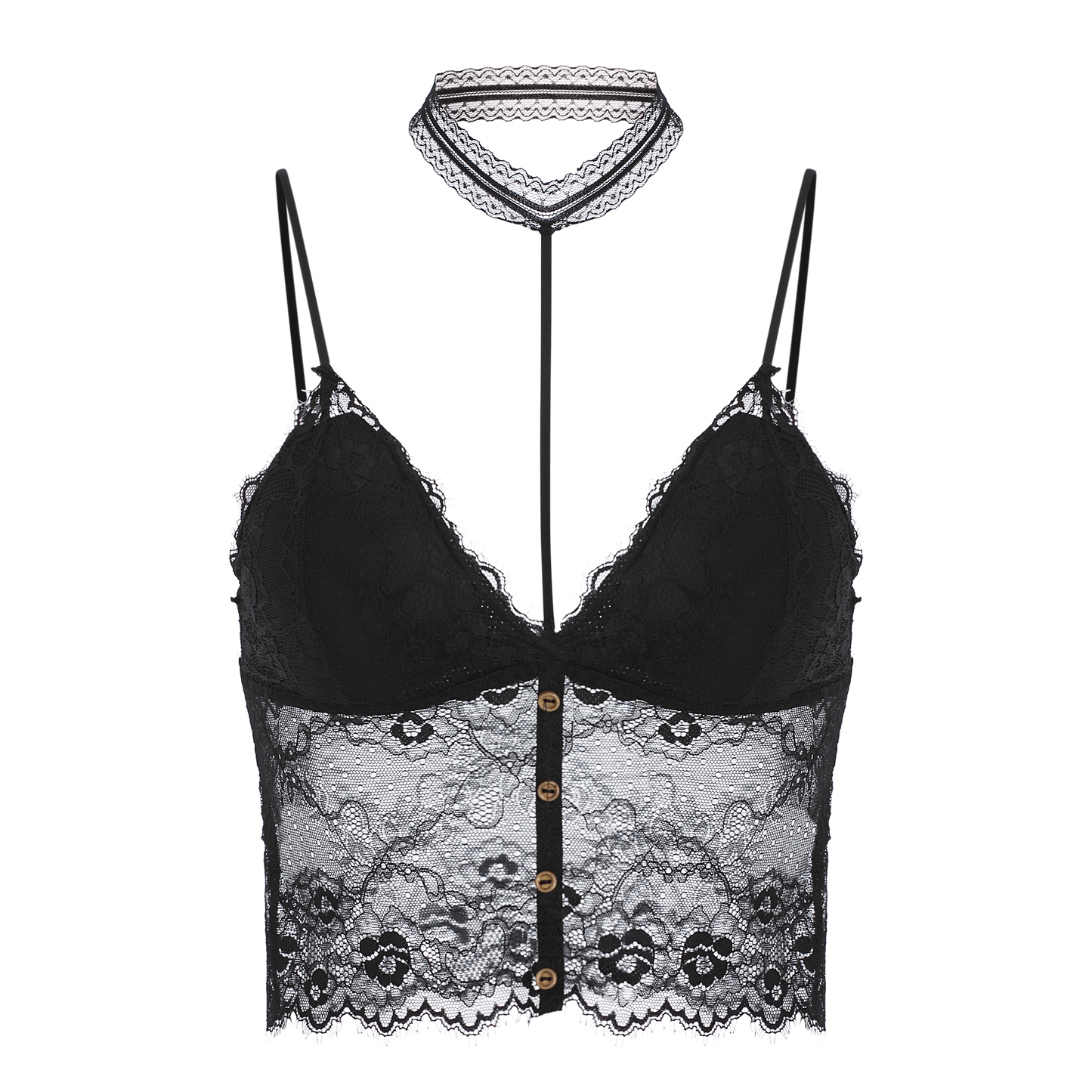 Elegant Black Lace Button-Up Bralette with Choker - French Style Camisole