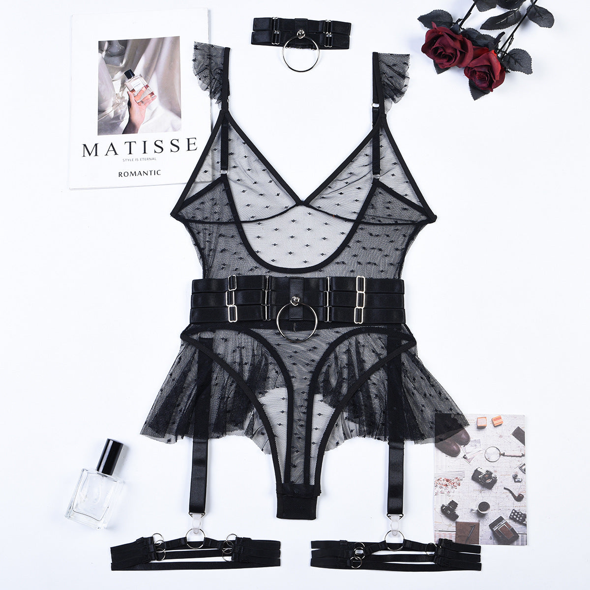 Mesh Lingerie One-Piece Teddy with Halter Waist Leg Rings