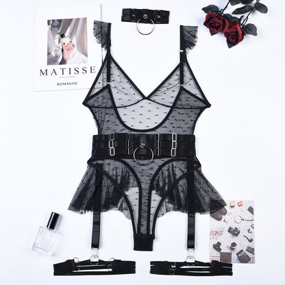 Mesh Lingerie One-Piece Teddy with Halter Waist Leg Rings