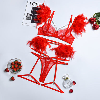 Three-piece lingerie set with harness details