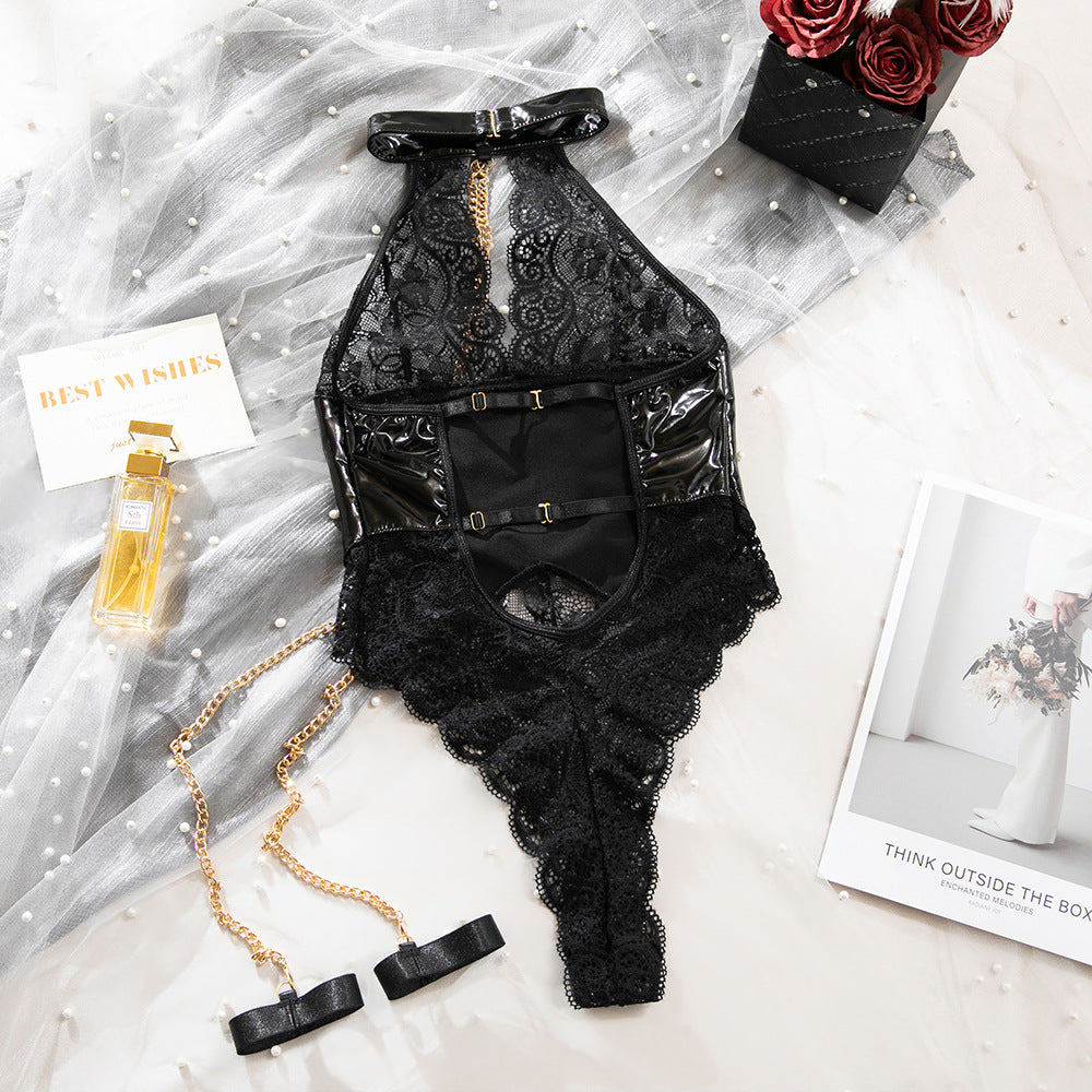 Halter Lace Bodysuit with Chain & Wrist Cuffs – Sexy Faux Leather Teddy