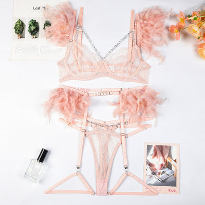 Cutout accents on three-piece lingerie set