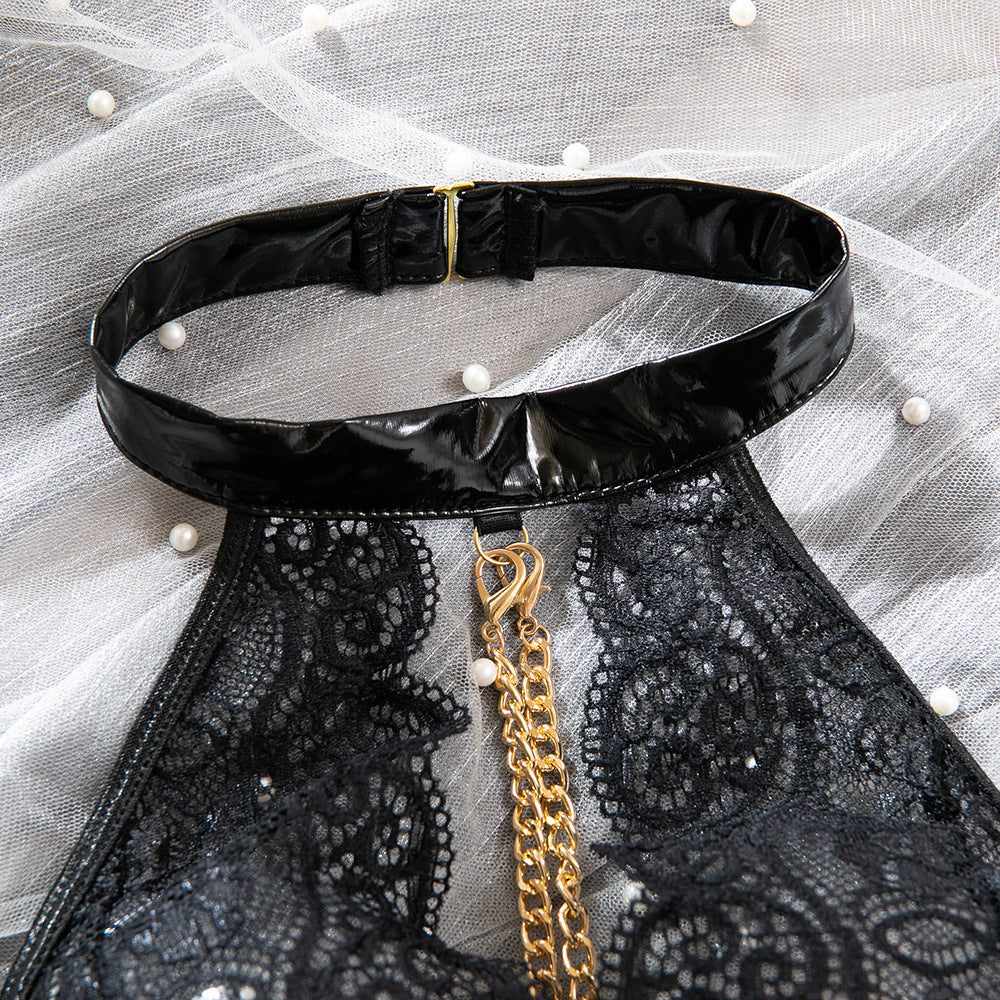 Halter Lace Bodysuit with Chain & Wrist Cuffs – Sexy Faux Leather Teddy