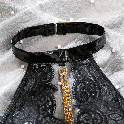 Halter Lace Bodysuit with Chain & Wrist Cuffs – Sexy Faux Leather Teddy