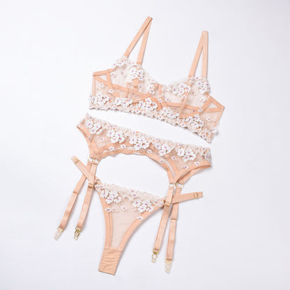 Three-piece lingerie set with sheer mesh design