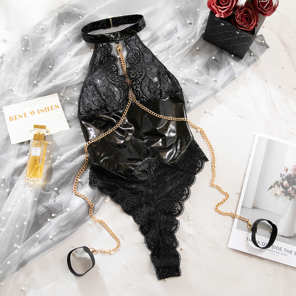 Halter Lace Bodysuit with Chain & Wrist Cuffs – Sexy Faux Leather Teddy