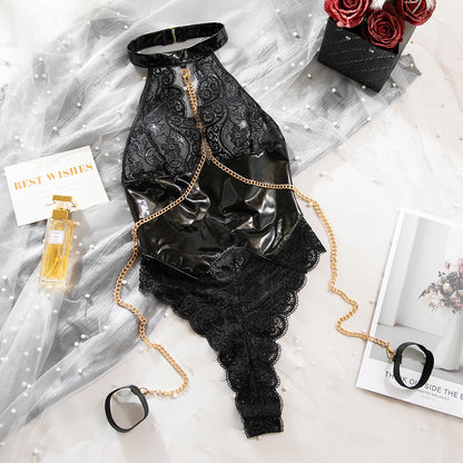 Halter Lace Bodysuit with Chain & Wrist Cuffs – Sexy Faux Leather Teddy