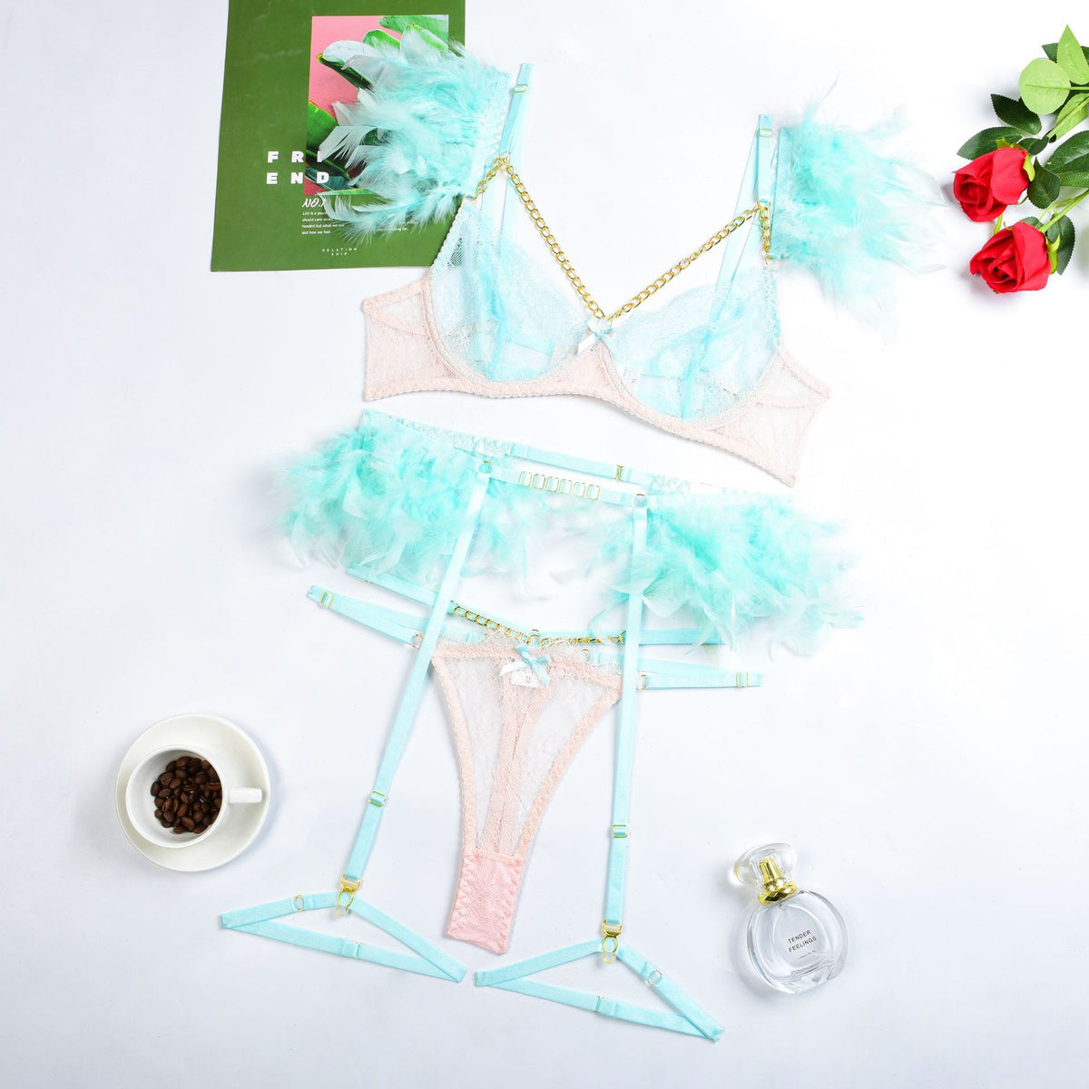 Three-piece lingerie set featuring cutout
