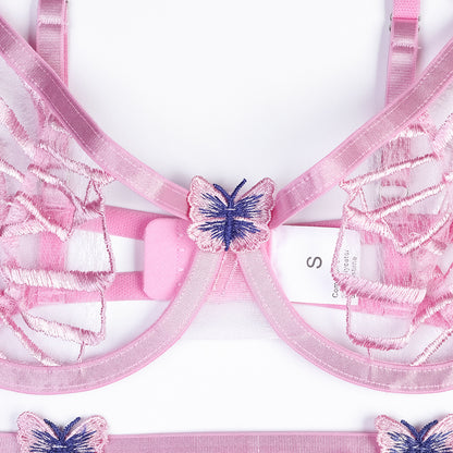 Pink embroidered three-piece lingerie set