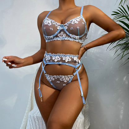 Three-piece lingerie set with floral embroidered details