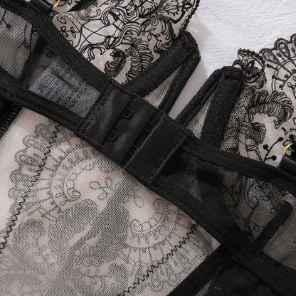 Sheer mesh design on three-piece lingerie set